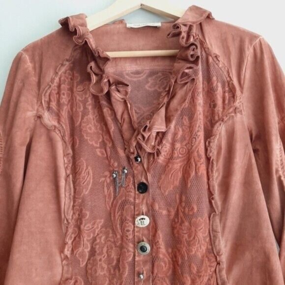 ELISA CAVALETTI Italy Button Down Boho Lace Ruffle Blouse Rust Red Sz M - Picture 3 of 10